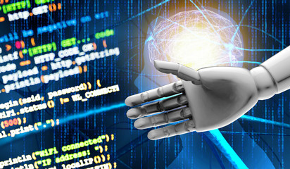 Artificial intelligence (AI) advisor or robo-advisor , machine and deep learning automation technology concept.3d rendering Robot hand , blur coded programmer and blue Neurons binary coded background.