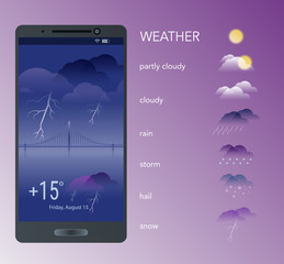 Weather icons and their use in mobile phone. Storm. Vector