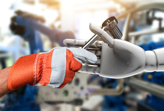 Artificial intelligence (AI) advisor or robo-adviser in smart factory industry 4.0 technology. Industrial Globe of male engineer hand on wrench tools to 3d rendering robot. Blur automobile background.