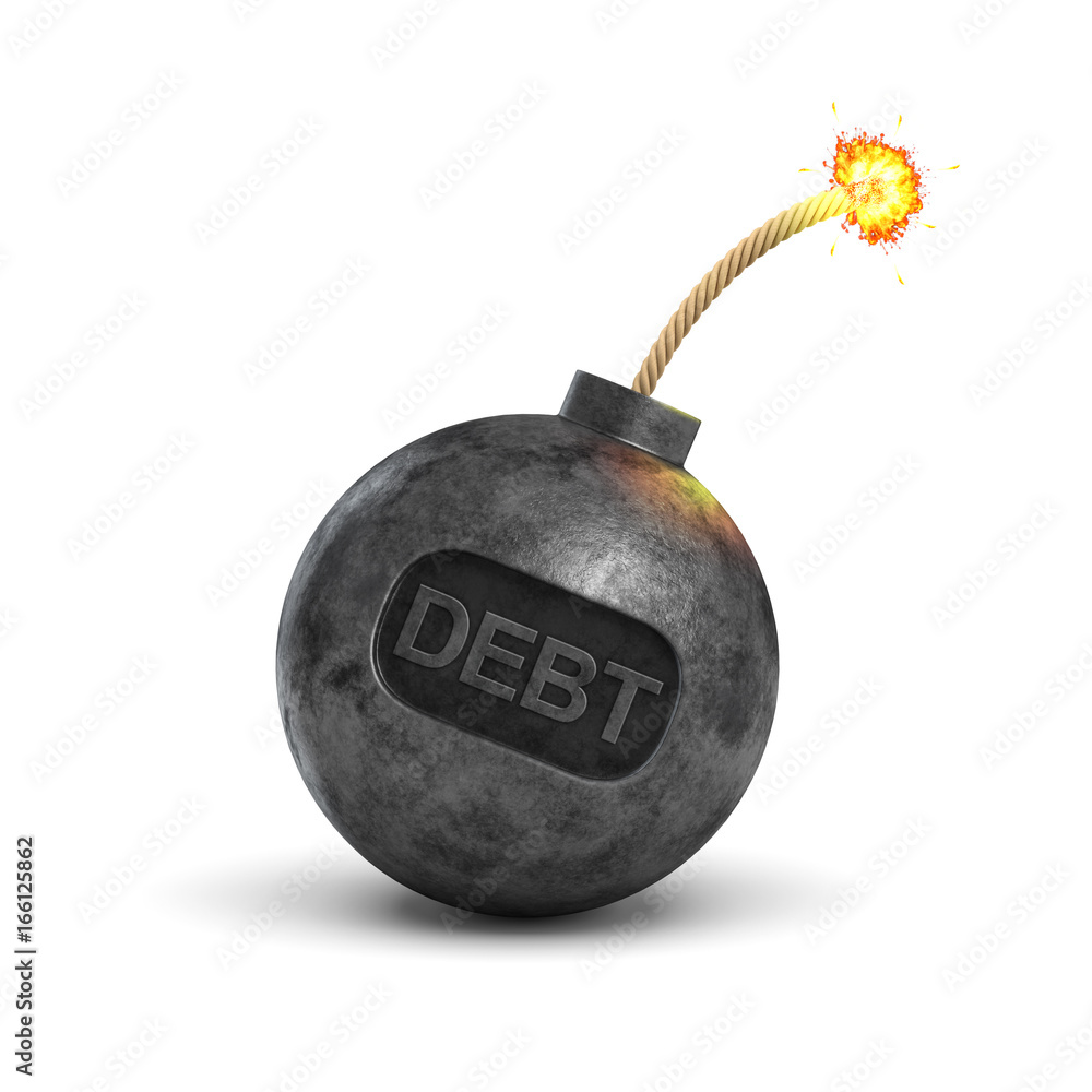 Poster 3d rendering of a black iron bomb with a lit fuse and a writing debt on its surface on white backgro