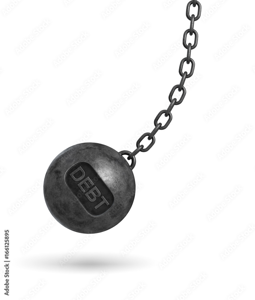 Poster 3d rendering of a large wrecking ball with a lettering debt swinging on a chain on white background.
