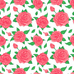 Red Roses over white background. Seamless elegant vintage floral pattern. Design for fabric, textile, wrapping paper, wallpaper, wedding concept.