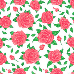 Red Roses over white background. Seamless elegant vintage floral pattern. Design for fabric, textile, wrapping paper, wallpaper, wedding concept.
