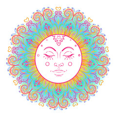Sun symbol as a face inside ornate colorful mandala. Round pattern. Vintage decorative vector illustration isolated on white. Hand drawn background. 