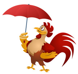 Bad weather. Funny red rooster with umbrella. Cartoon styled vector illustration. Isolated on white. No transparent objects.