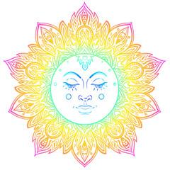 Sun symbol as a face inside ornate colorful mandala. Round pattern. Vintage decorative vector illustration isolated on white. Hand drawn background.