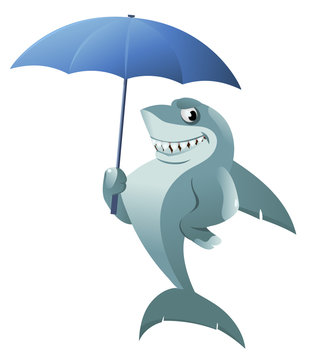 Bad weather. Funny shark with umbrella. Cartoon styled vector illustration. Isolated on white. No transparent objects.