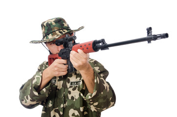 Fototapeta premium Soldier with weapons isolated on white