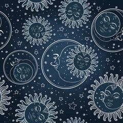 Sun and moon vector seamless pattern with stars. Vintage style. Wallpaper, wrapping paper or fabric design for children. Astronomy, astrology, magic.
