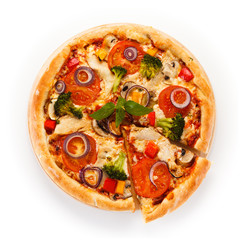 Pizza with vegetables on white background