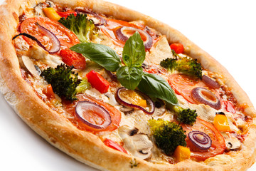 Pizza with beacon, broccoli and corn on white background