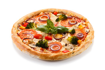 Pizza with vegetables on white background