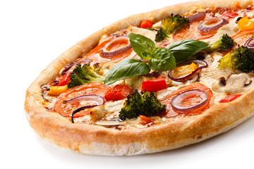 Pizza with vegetables on white background
