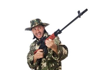 Soldier with weapons isolated on white