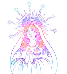 Lady of Sorrow. Devotion to the Immaculate Heart of Blessed Virgin Mary, Queen of Heaven. Vector illustration isolated on white.