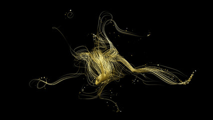 Abstract light glowing gold shape black background. 3d illustration, 3d rendering.