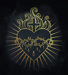 Fototapeta premium Sacred Heart of Jesus. Vector illustration in gold colors isolated on black. Trendy Vintage style element. Religion, purity, sacrifice, spirituality, occultism, alchemy, magic, love.