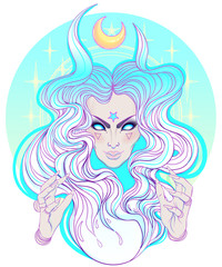 Young beautiful witch. Mystic character. Alchemy, religion, spirituality, occultism, tattoo art. Isolated vector illustration. Halloween concept.