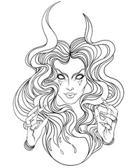 Young beautiful witch. Mystic character. Alchemy, religion, spirituality, occultism, tattoo art. Isolated vector illustration. Halloween concept.