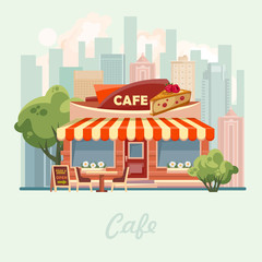 City cafe vector illustration in flat design. Urban landscape.