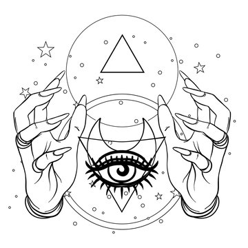 Human hand with space and sacred geometry symbols. Dotwork tattoo flash design. Vector illustration isolated on white. Eye of Providence. Masonic symbol. All seeing eye.
