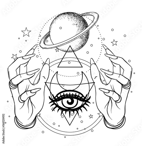 human hand with space and sacred geometry symbols dotwork tattoo human hand with space and sacred geometry symbols dotwork tattoo