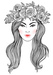 Pretty girl with crown of roses flowers in her hair. Female portrait or summer fairy or nymph. Vector isolated illustration. Fantasy, beauty, boho style