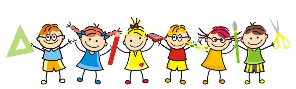 Happy kids and school supplies. Group of girls and boys. Vector icon.