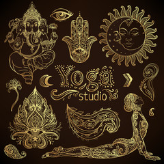 Yoga, meditation vector illustration set. Hindu paisley motifs. Tattoo, spirituality, prints, ornamental floral elements with henna tattoo, golden stickers, flash temporary tattoo