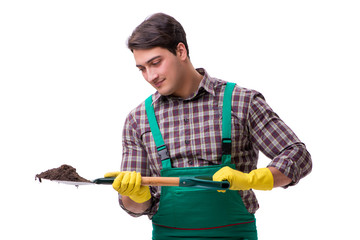 Young man gardener isolated on white