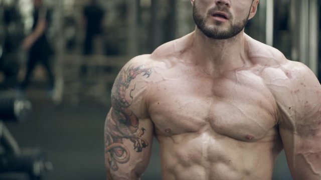 Young bodybuilder posing standing in gym indoor. Hardener man with bare upper body demonstrates strong tattooed hands with pronounced biceps, triceps, deltoid muscles and also powerful torso and