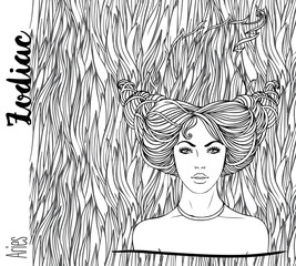 Zodiac: Aries zodiac sign. Vector illustration with portrait of a pretty girl. Black and white drawing over ornate pattern. Design for horoscope coloring book