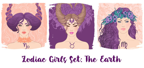 Zodiac girls set: Earth. Vector illustration of Taurus,Capricorn, Virgo astrological signs as a beautiful woman. Future telling, horoscope, alchemy, spirituality