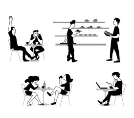 Vector illustration of people in canteen, people eating in the cafeteria. Students characters set in flat design.