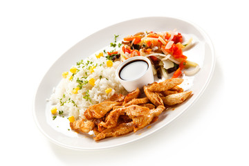 Chicken nuggets, white rice and vegetables