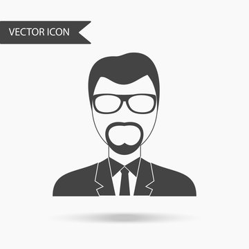 Icon with an image of a portrait of a man in glasses and suit on a white background. The flat icon for your web design, logo, UI. Vector illustration