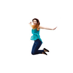 Young woman jumping on white background