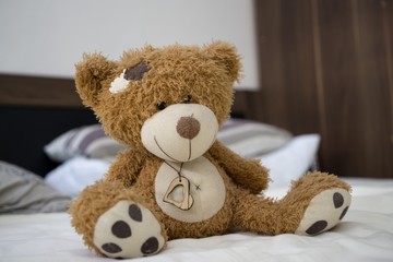 Teddy bear on the  bed. Slovakia
