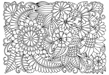 Black and white flower pattern for adult coloring book.