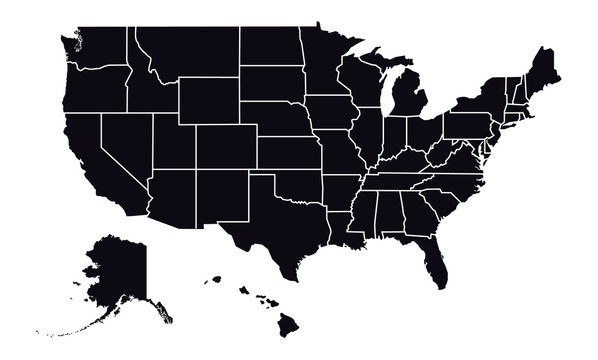 Vector - United States of America Black Silhouette map including State Boundaries