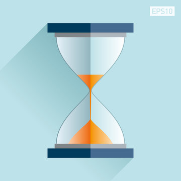 Hourglass icon in flat style, sandglass on blue background. Vector design element for you project
