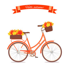 Orange retro bicycle with autumn leaves in floral basket and box on trunk. Color bike isolated on white background.