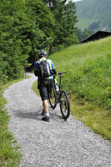 Obraz premium radwanderer schiebt sein fahrrad im kleinwalsertal auf einem steinen wanderweg