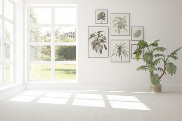 White empty room with green landscape in window. Scandinavian interior design. 3D illustration