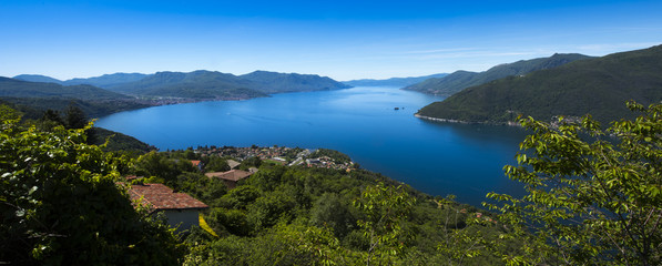 Naklejka premium View over Maccagno to Lake Maggioreo - Maccagno, Lake Maggiore, Varese, Lombardy, Italy