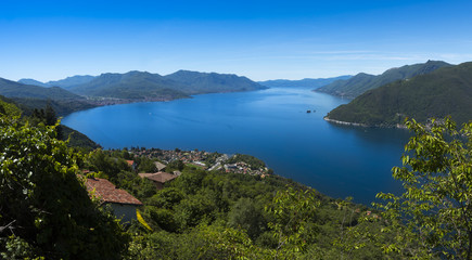 View over Maccagno to Lake Maggioreo - Maccagno, Lake Maggiore, Varese, Lombardy, Italy