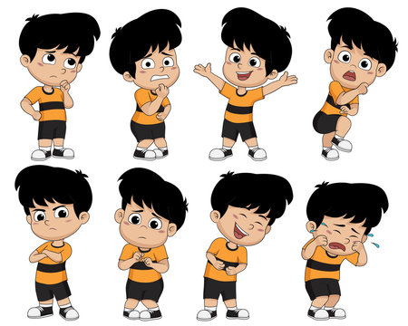 Set of cute boy pose showing different emotions.Basic seven of emotion.Vector and illustration.