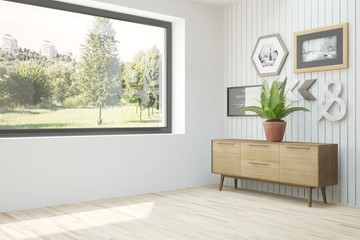 White empty room with green landscape in window. Scandinavian interior design. 3D illustration