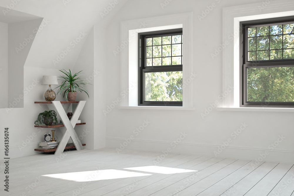 Wall mural white empty room with green landscape in window. scandinavian interior design. 3d illustration