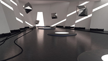 Futuristic black and white interior of the spaceship background